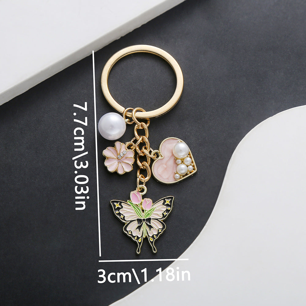 Wholesale New Product Oil Dropping Purple Love Pearl Simulation Tulip Flower Butterfly Keychain Jewelry Luggage Pendant