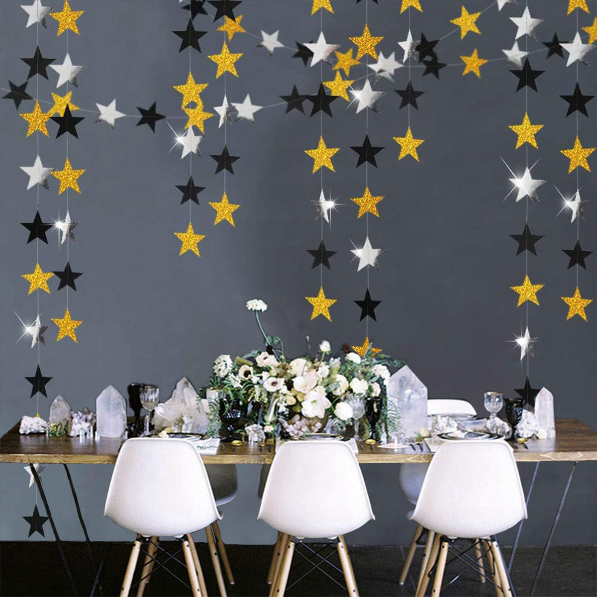 Wholesale Paper Black Gold Glitter Powder Round Sheet Star Flower Hanging Decorations