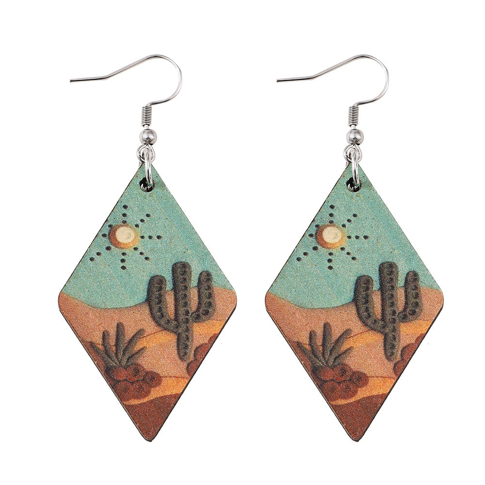 Wholesale Trendy Desert Cactus Wood Drop Earrings Double Sided Geometric Western Style Jewelry Accessory For Boutique Resale