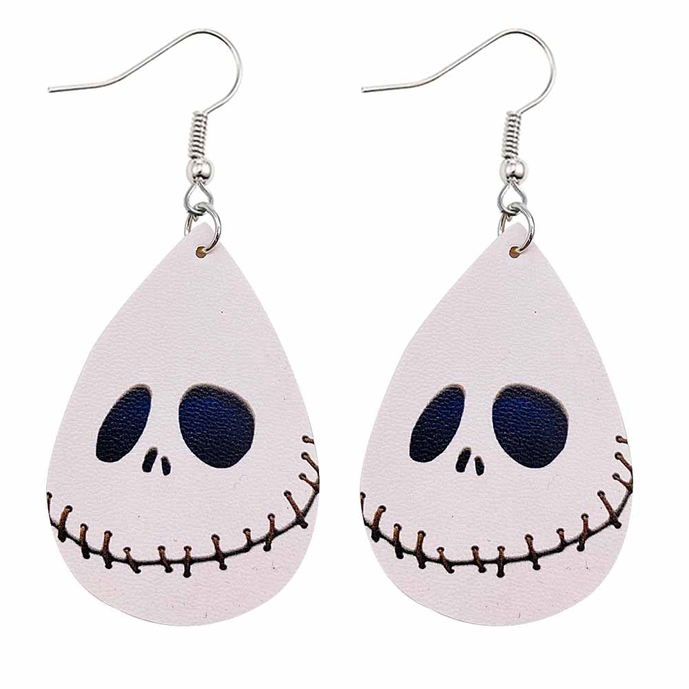 Wholesale Horror Christmas Skull Print Water Droplet Shaped PU Leather Earrings