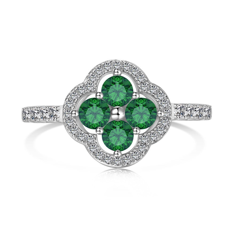 Wholesale S925 Sterling Silver Green Four-leaf Clover Zircon Inlaid Ring