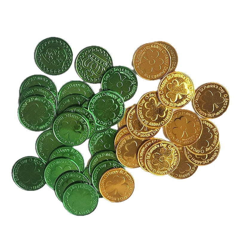 Wholesale 50pcs St. Patrick' s Day  Shamrock Plastic Coins Gold Props