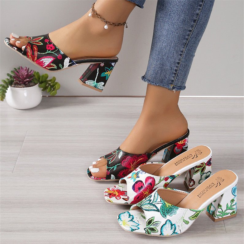 Wholesale Women's Embroidered Open Toe High Heel Square Head plus size Slippers