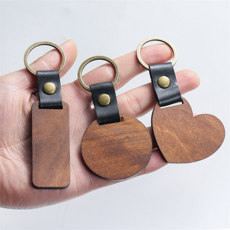 Manual al por mayor Diy Wood Leather Love Circle Keychain rectangular