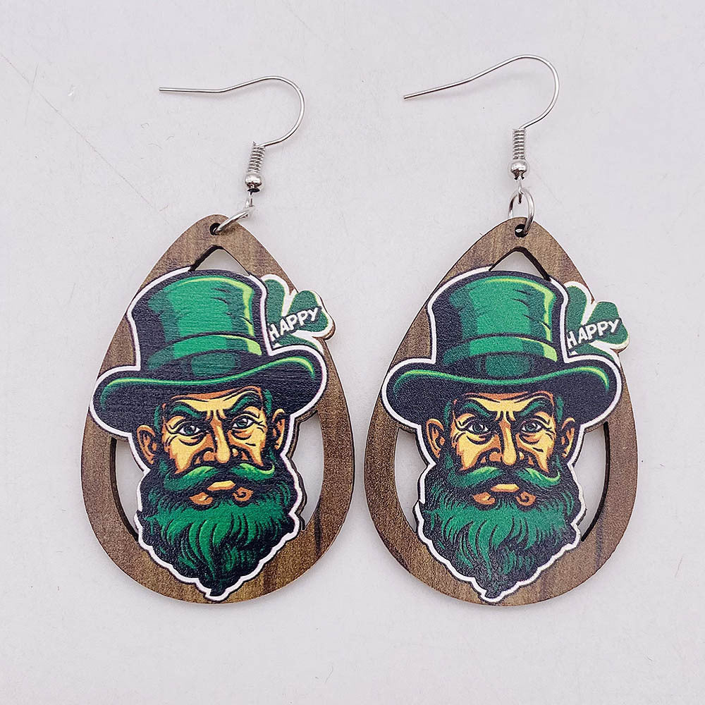 Wholesale St. Patrick's festival jewelry rainbow beard Green Festival wooden earrings