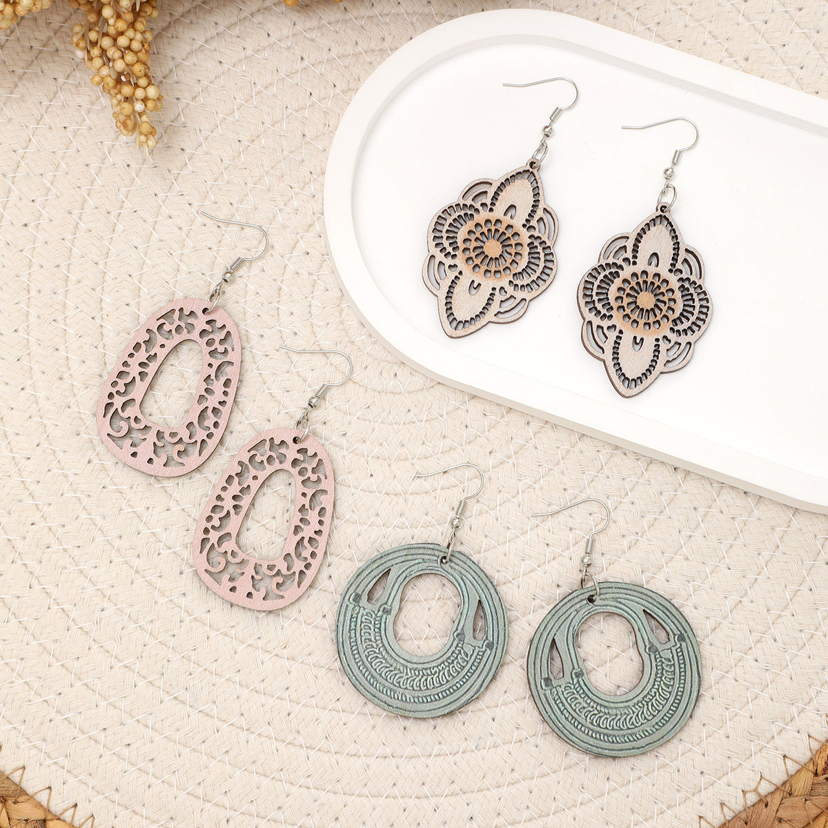 Wholesale Vintage Western Wood Print Leopard Leaf Pattern Earrings