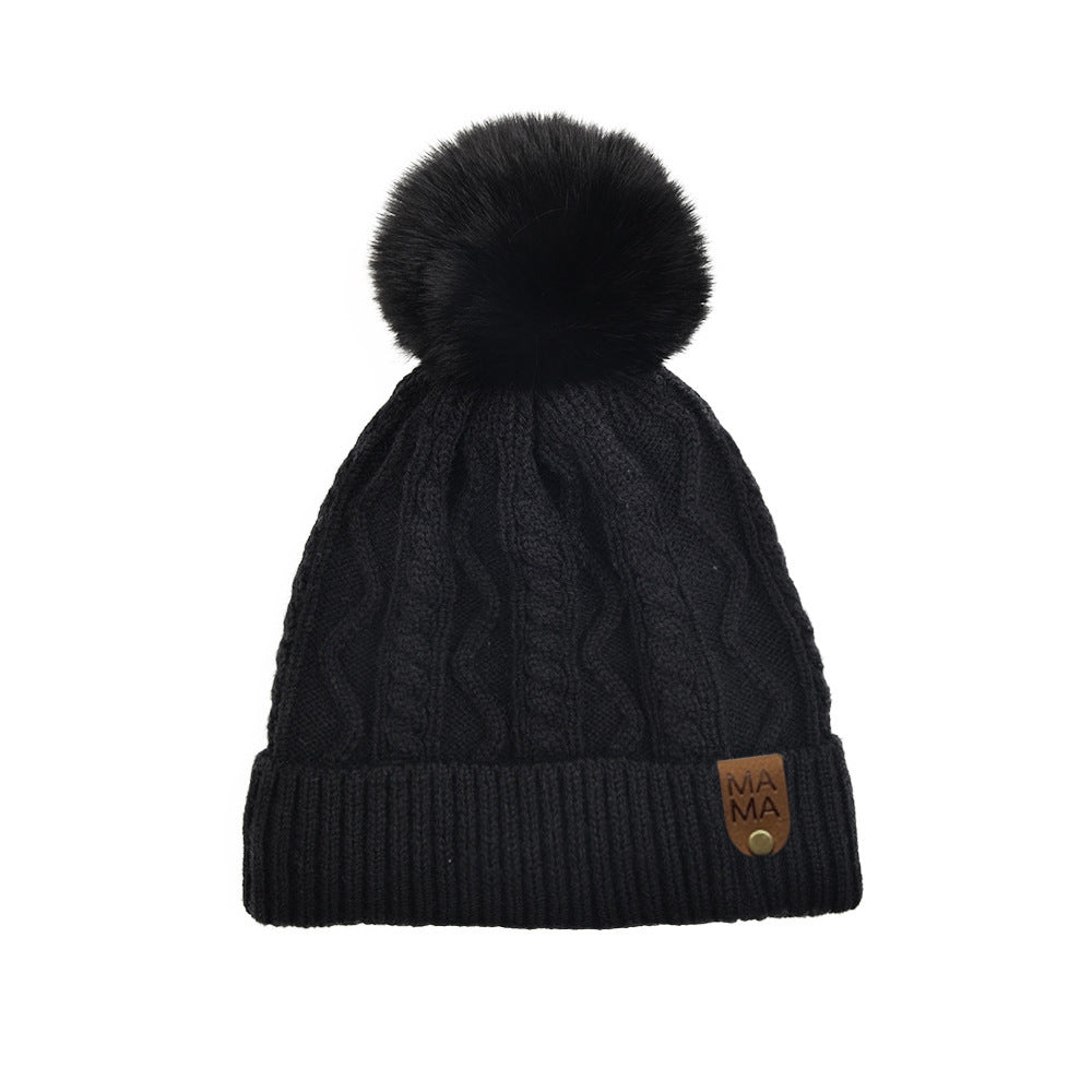 Wholesale Autumn and Winter Fleece Leather Label MINI Double Wool Ball Outdoor Warm Detachable Knitted Hat