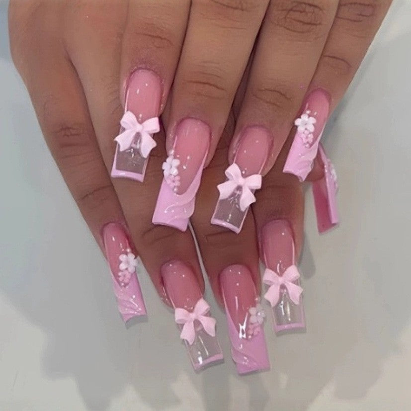 Wholesale Sweet and cool flower bow long square wearable nails