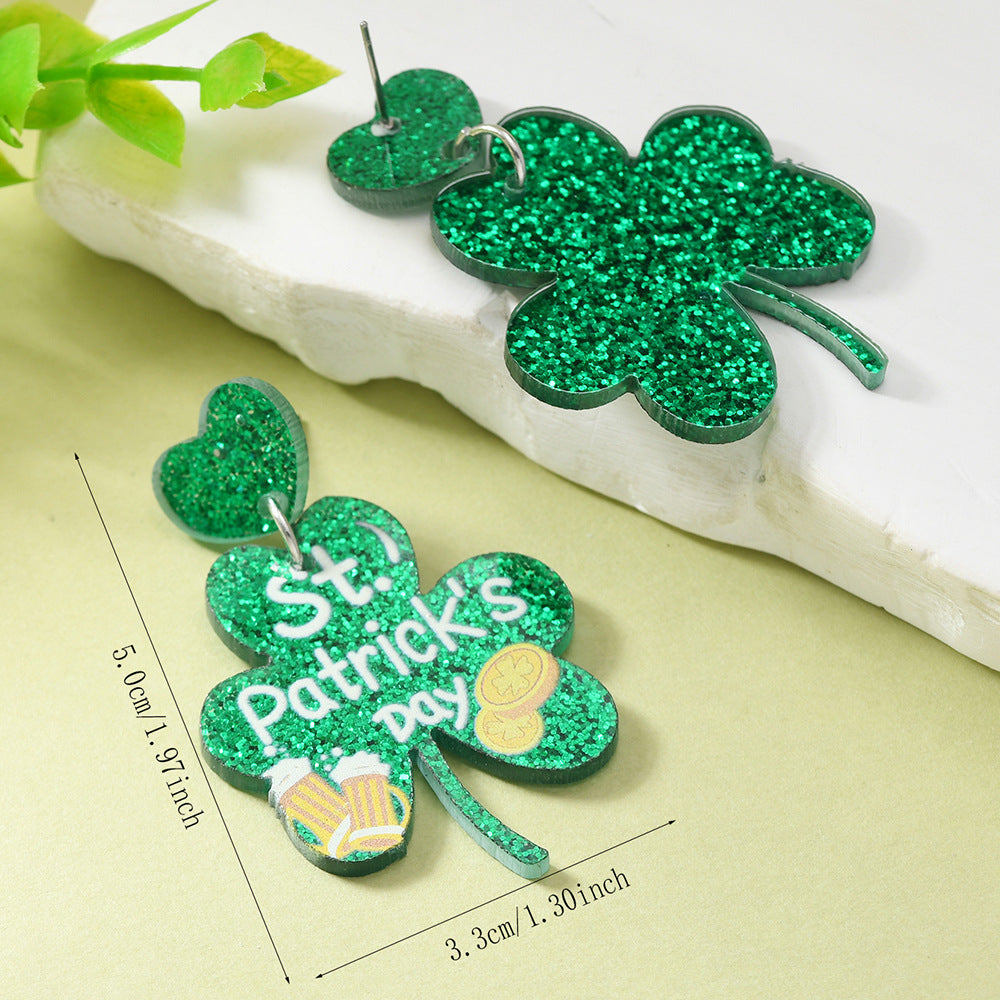 Wholesale St. Patrick's Day Green Hat Lucky Grass Clover Exaggerated Carnival Acrylic Double-Sided Earrings