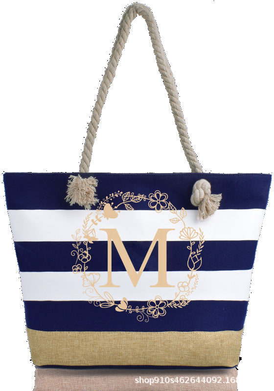 Wholesale Letter Canvas Striped Beach Handbag Zipper Multi-pocket Tote Bag