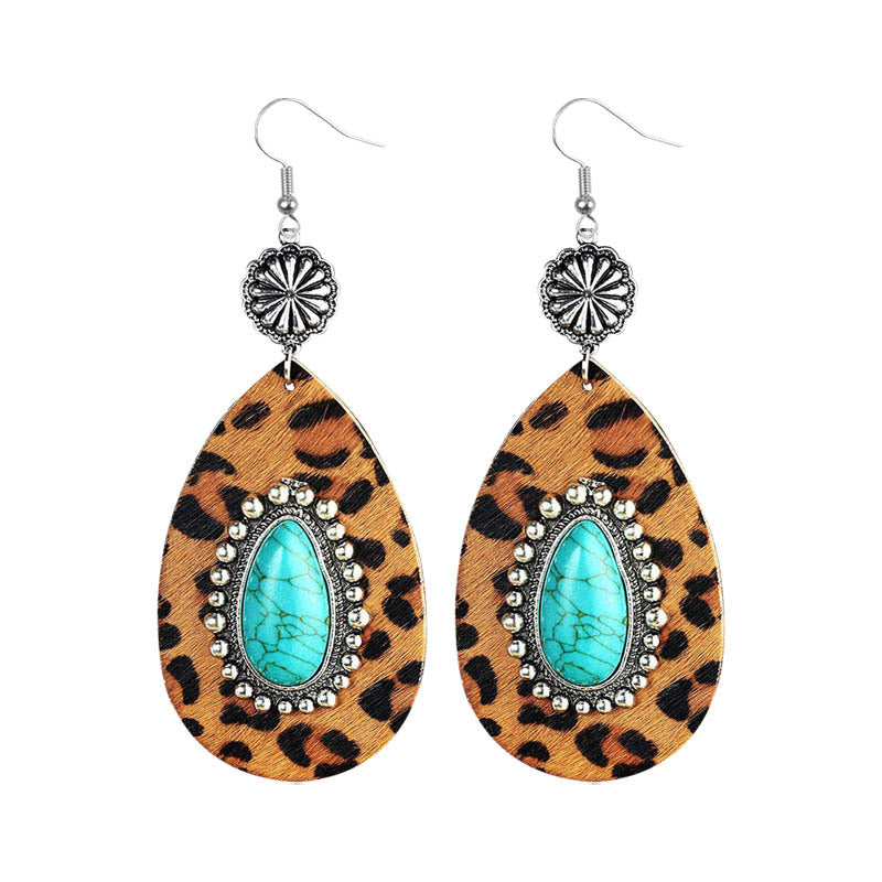Wholesale Western Style Turquoise Water Drop Leopard Print Leopard Print Geometric Plush Earrings