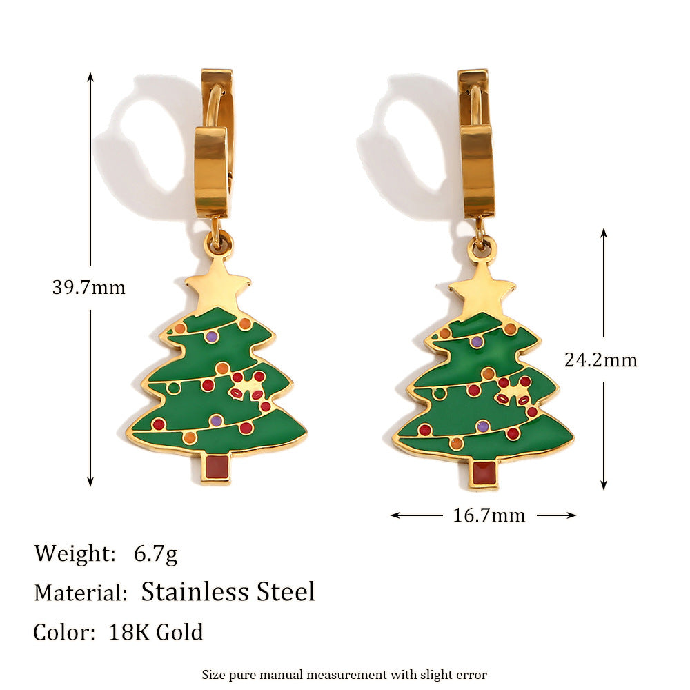 Wholesale Cute Cartoon Santa Claus Oil Dripping Stainless Steel 18K Gold Plated Sleigh Christmas Tree Earrings