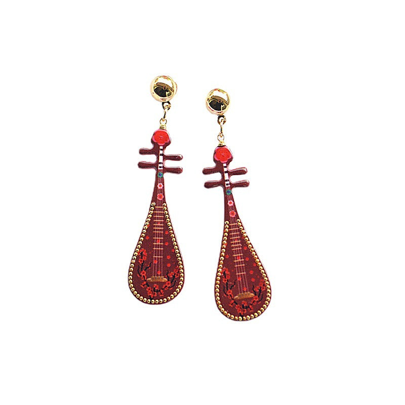 Wholesale Vintage Imitation Musical Instrument Metal Dripping Oil Pipa Long Tassel Earrings