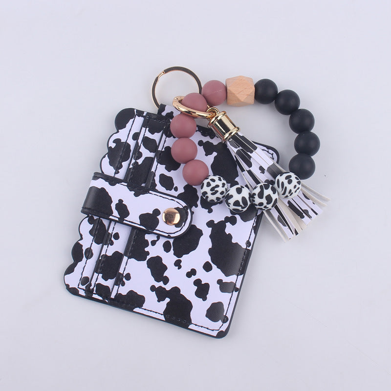 Wholesale Cartoon Cow Print Card Holder Wrist PU Keychain