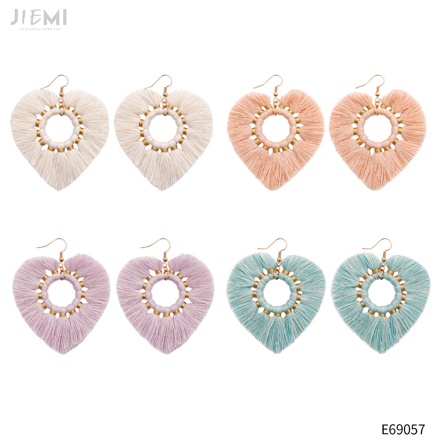 Wholesale Valentine's Day Cotton Thread Peach Heart Tassel Earrings
