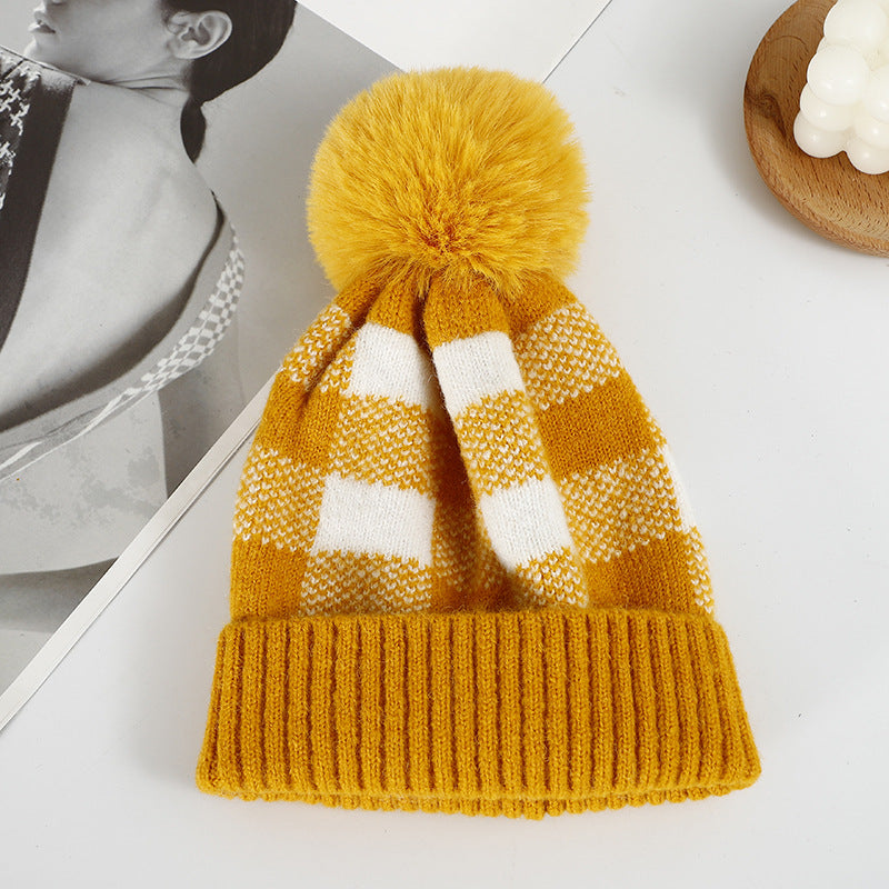 Wholesale Cold-proof Black and Red Plaid Knitted Hat with Ear Protection Wool Ball Beanie