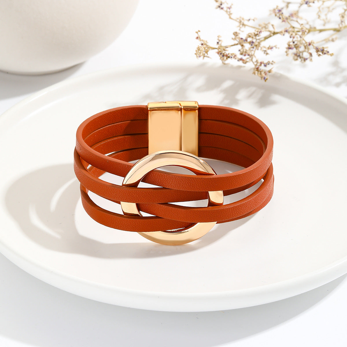 Wholesale Metal Leather Cross Women's Large Hoop Cuff Multi-layer Wristband Magnetic Clasp Bracelet