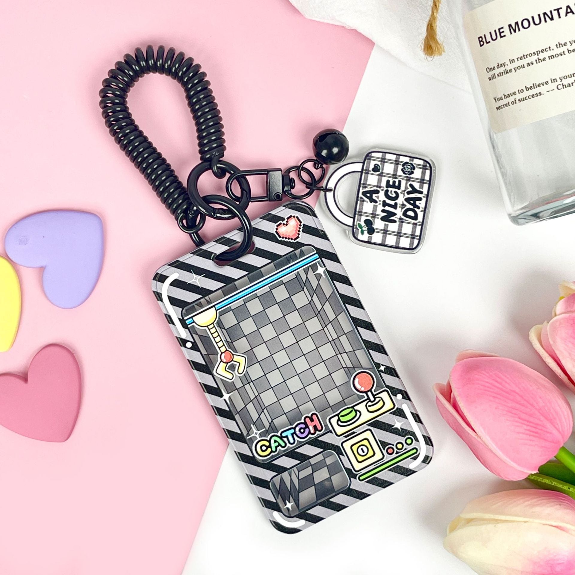 Wholesale latch type transparent card holder cartoon ID holder embossed bus card protective cover key chain