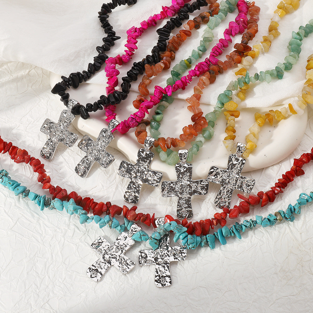 Wholesale Irregular Western Cowboy Style Natural Stone Turquoise Cross Necklace