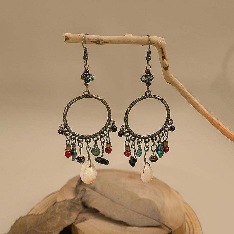Wholesale Turquoise Bohemian Owl Dream Catcher Feather Alloy Earrings