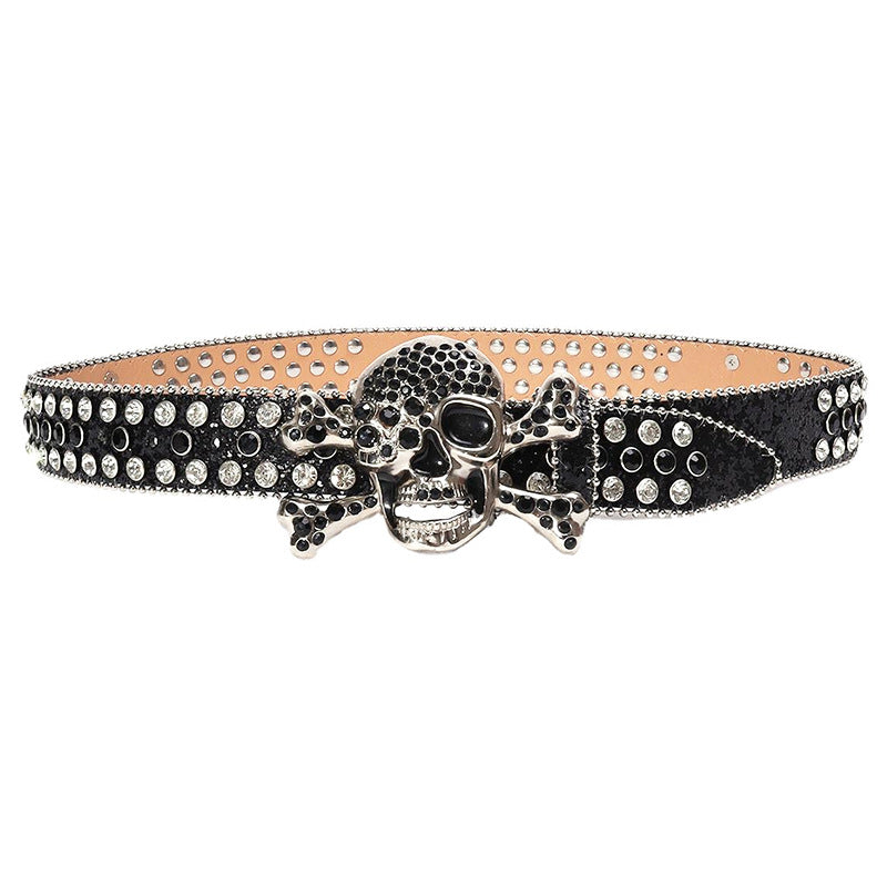 Wholesale Thick imitation leather belt with rhinestone alloy belt and trendy skull belt