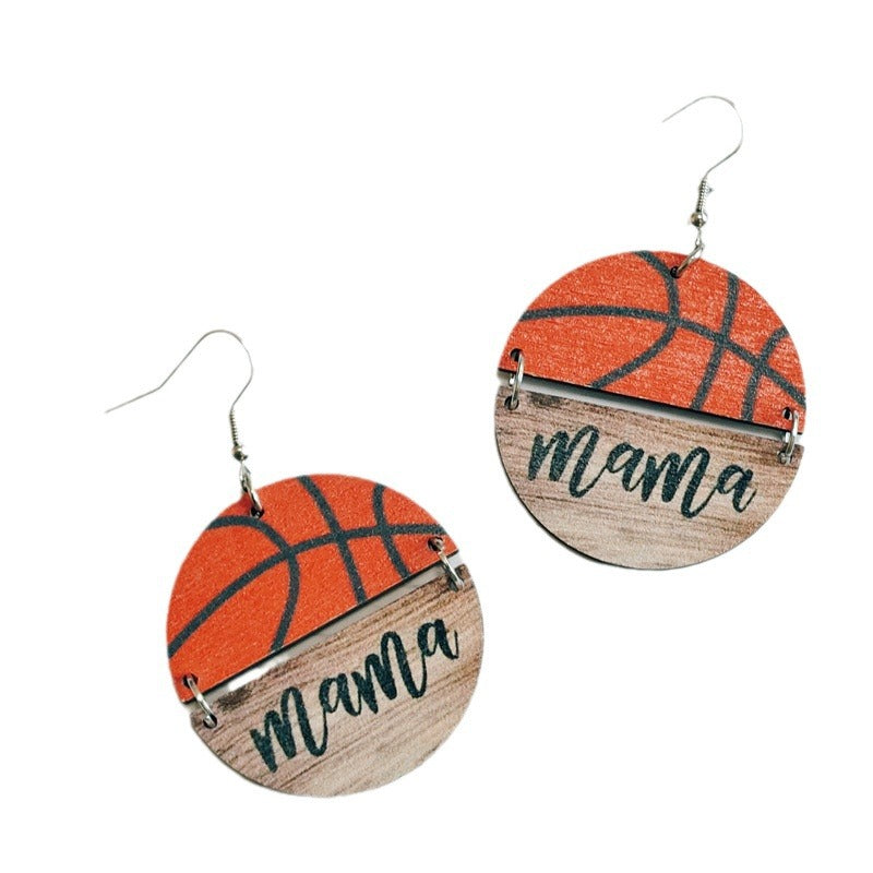 Wholesale Mother' s Day wooden earrings Sports softball basketball wooden round earrings