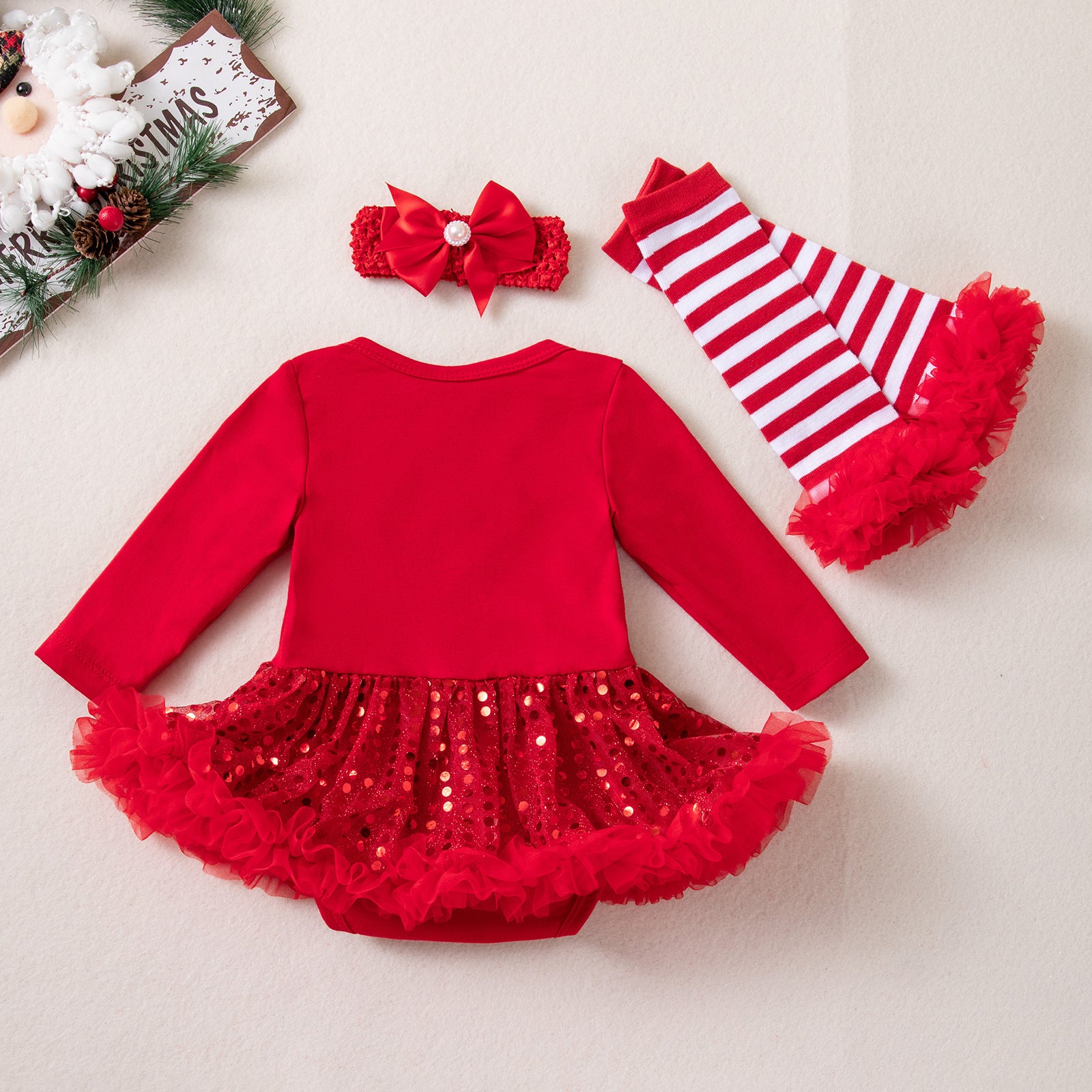 Wholesale Red Long Sleeve Sequin Tulle Baby Girl Christmas Dress Set With Hairband Leg Warmers Boutique Holiday Outfit