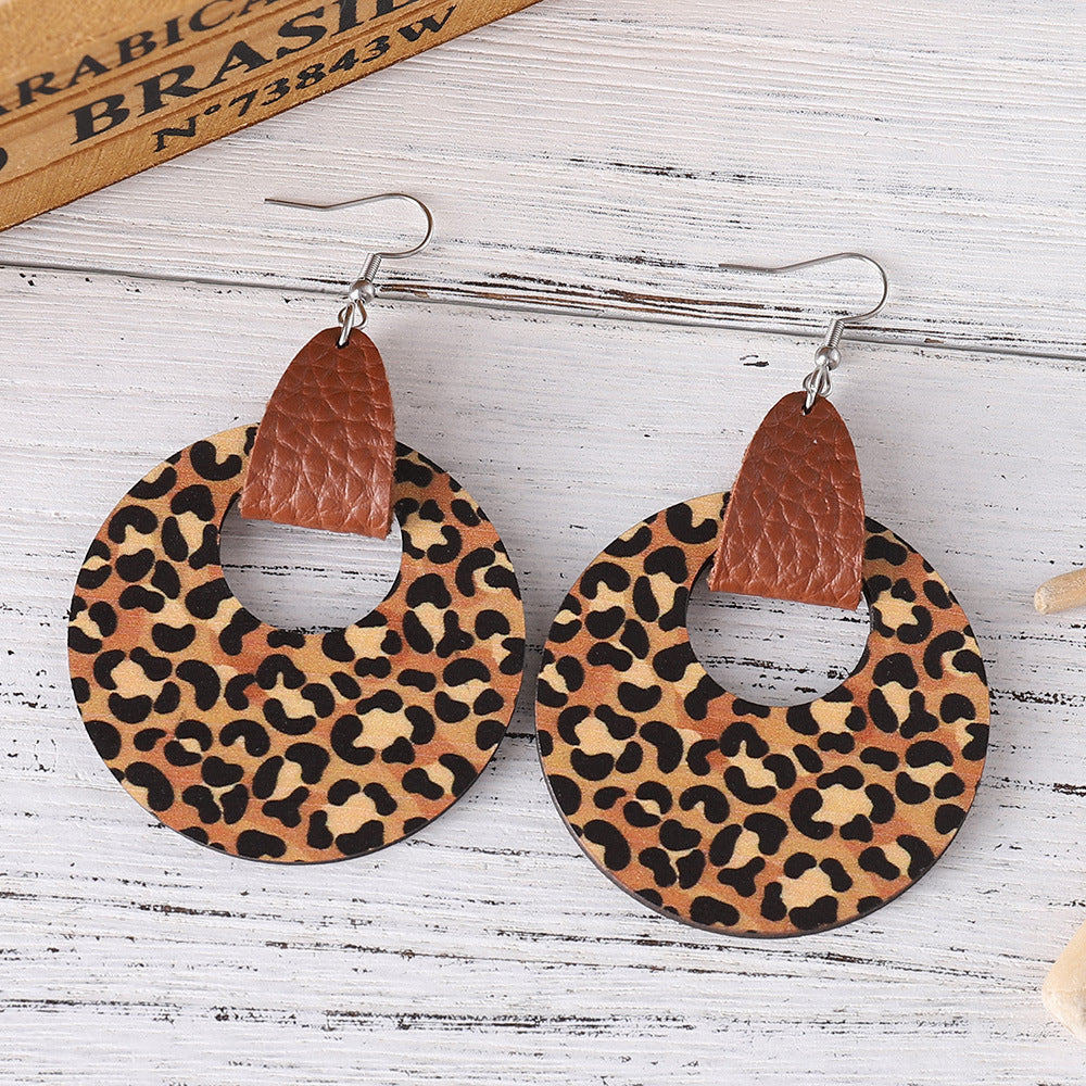 Wholesale Ethnic Bohemian Leopard Print Round Reversible Leather Earrings
