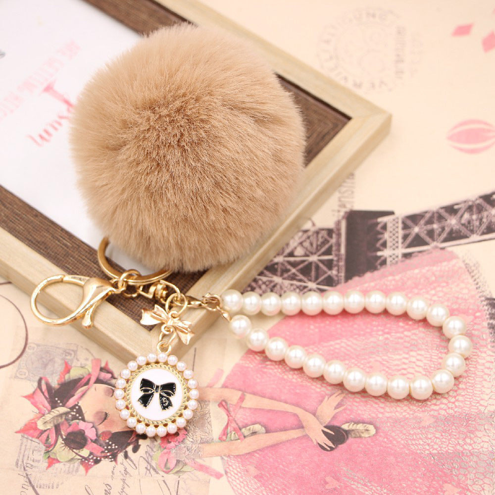 Wholesale Imitation Rex Rabbit Fur Ball Pearl Chain Bow Plush Ball Keychain