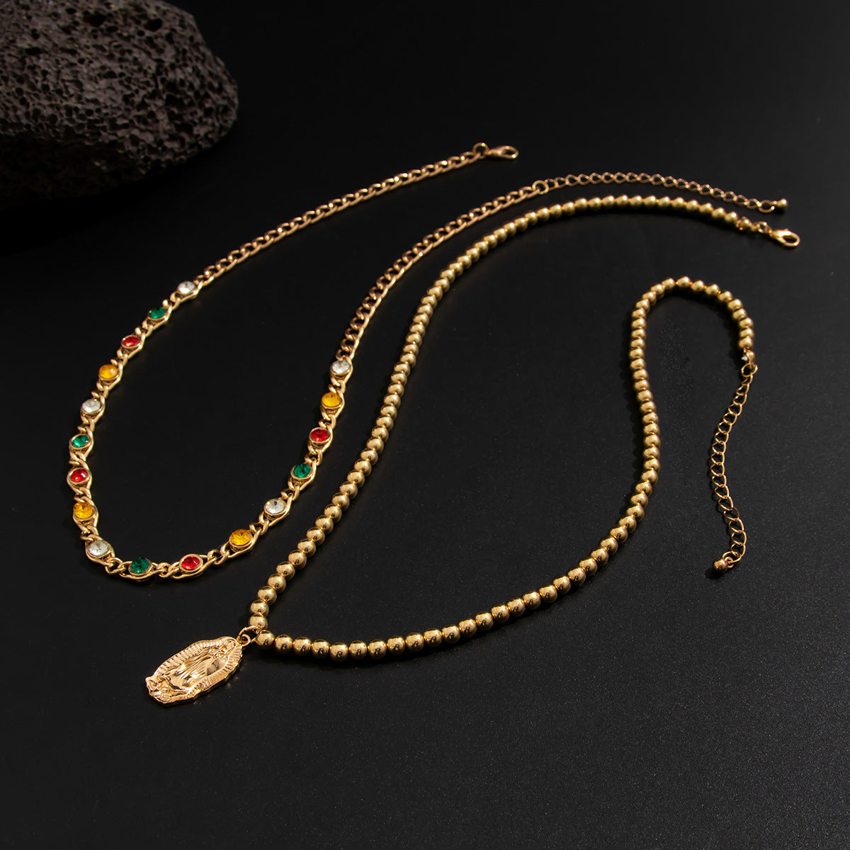 Wholesale Men's round bead layered oval portrait necklace