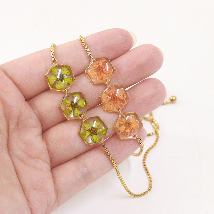 Wholesale 6pcs Real Flower Pearl Bush Hexagonal Everlasting Flower Bracelet
