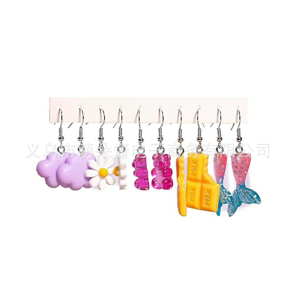 Wholesale 5pcs/pack Hot Sale Sweet Cool Creative Resin  Flowers, Strawberry Mushroom Drink Bottle, Small Cake Earrings Set