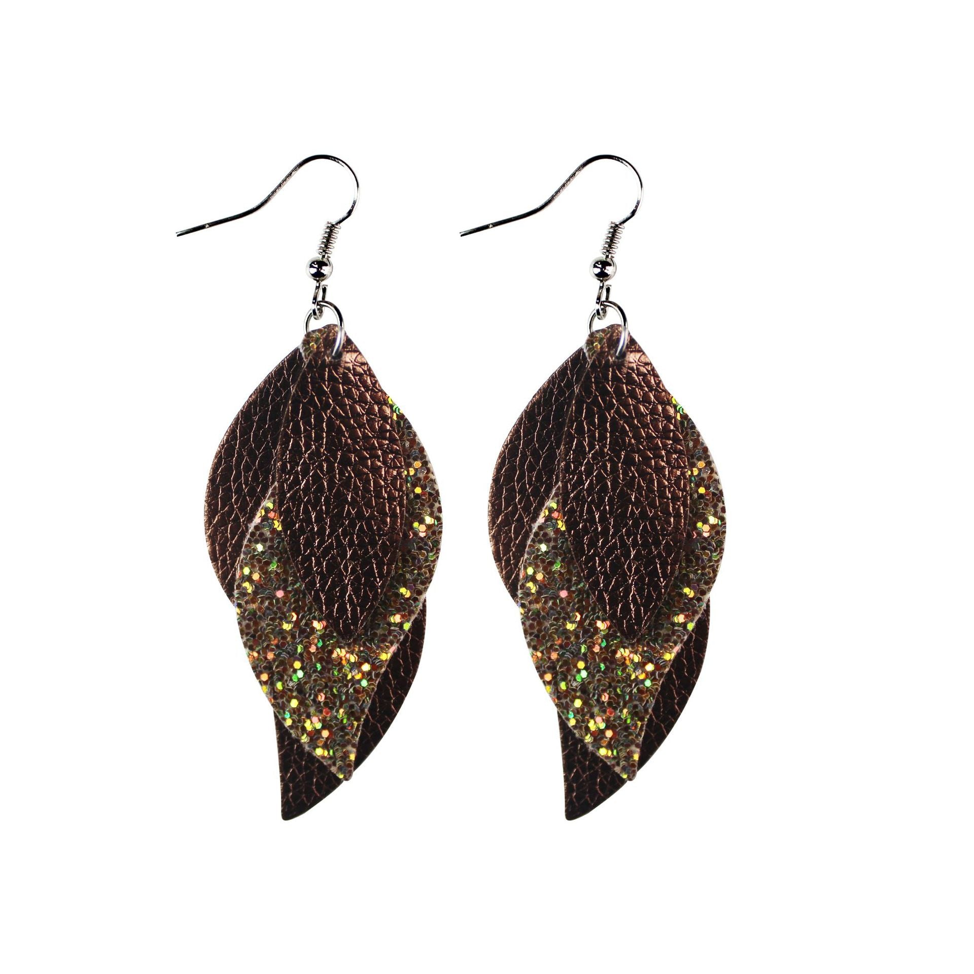 Wholesale Lychee Patterned Sequin Leaf Wave Shaped Three-layer Leather Earrings