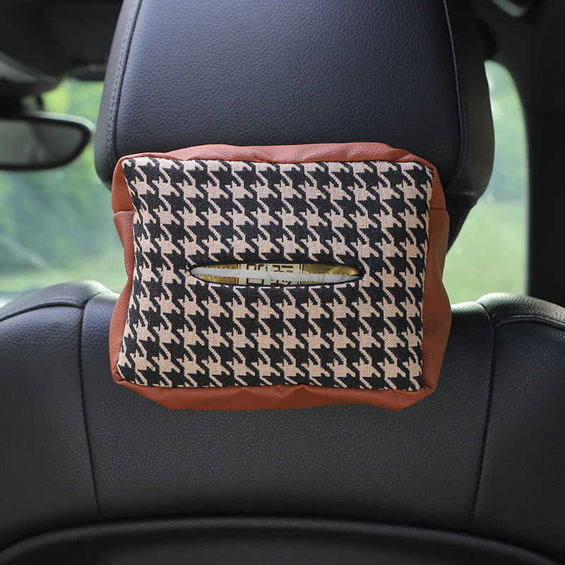 Wholesale Knitting Houndstooth Car Seat Back Hanging Type Leather Tissue Drawer
