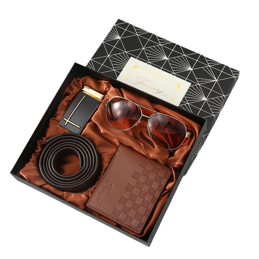 Wholesale Box Gift Men's Leather Belt Summer Sunglasses Fashion Wallet Practical Valentine's Day