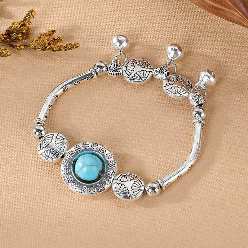 Wholesale Vintage Handmade Miao Bracelet Silver Tone Alloy With Turquoise Blue Accents Fashion Jewelry Accessory Travel Souvenir Gift
