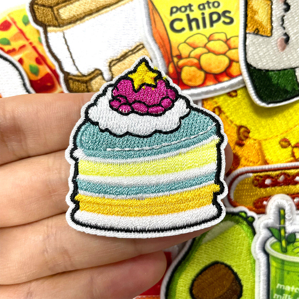 Wholesale Cute Food Embroidered Patch For Clothes Milk Tea Cake Snack Applique Fashion Accessory For DIY Decor