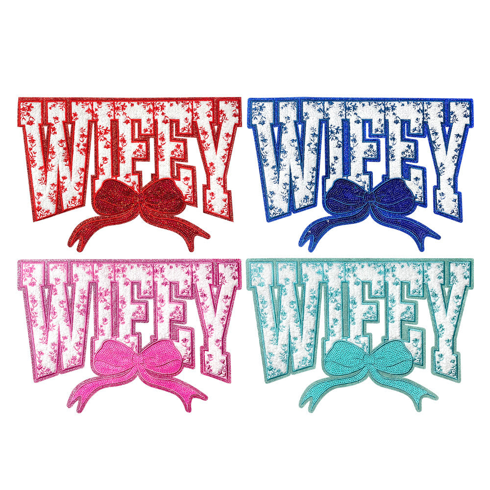 Wholesale Large Sequin Embroidered Patch Blue Wifey Motif DIY Embroidery Accessory For Coat And Bag Decoration