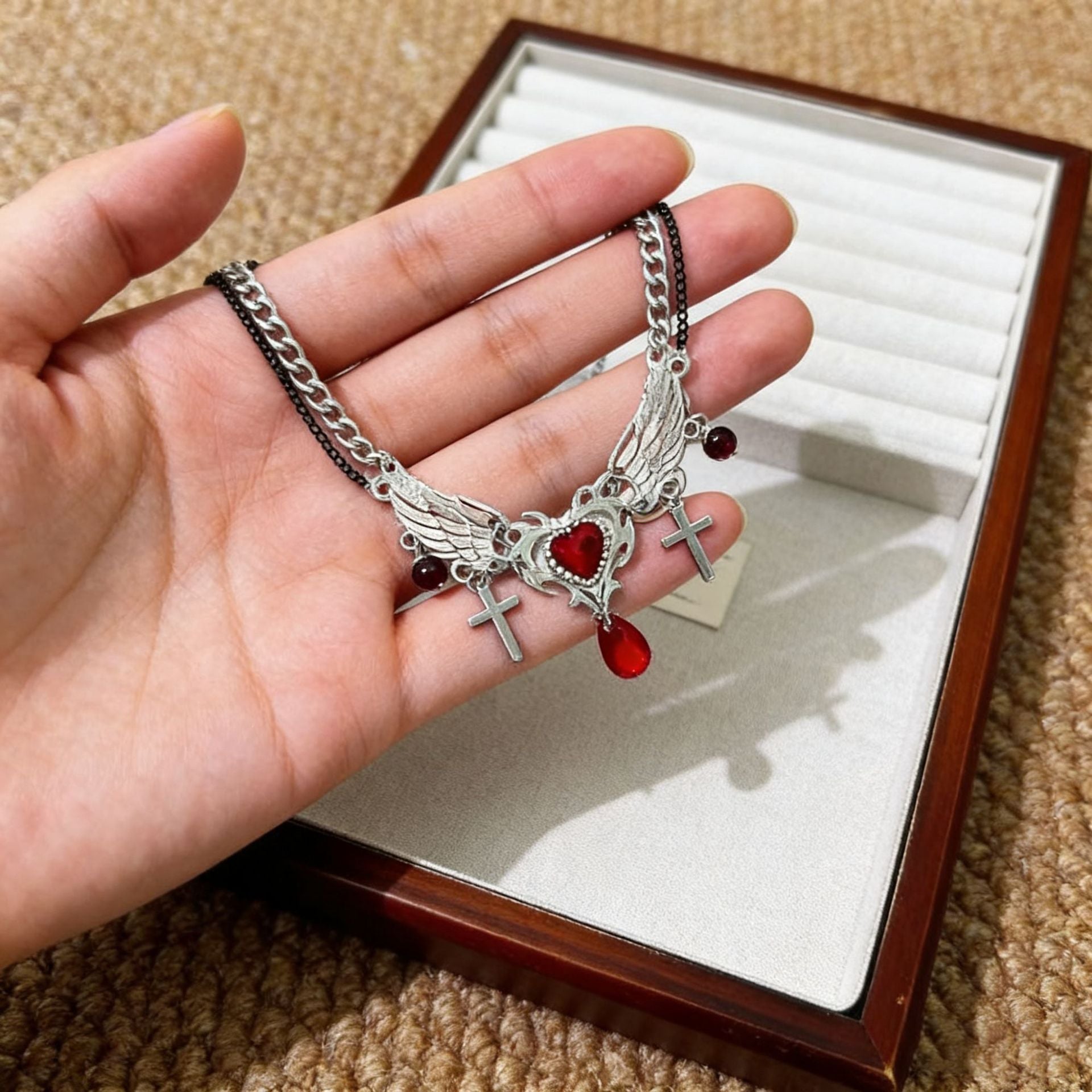 Wholesale Sweet Cool Red Angel Wings Gothic Cross Tassel Necklace