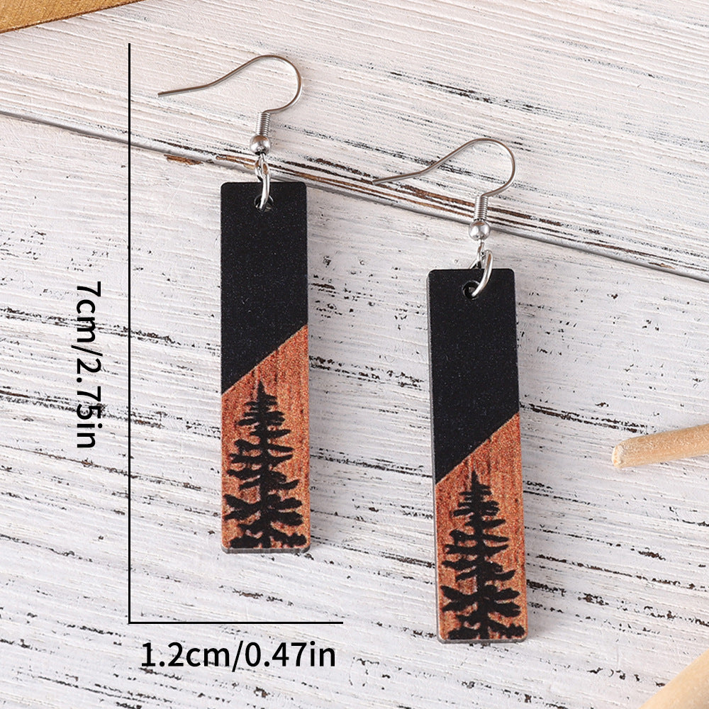 Wholesale Western style pine tree star moon rectangular geometric wooden earrings