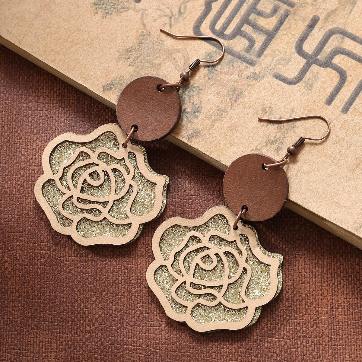 Wholesale Rose Flower Vintage Double Leather Wood Chip Earrings