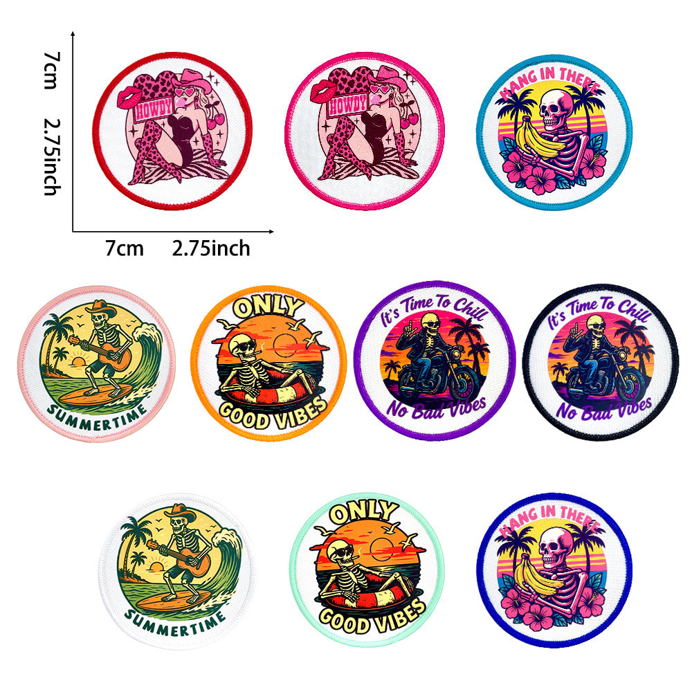 Wholesale Trendy Round Embroidered Patches With Fun Beach Skull Coffee Mom Themes Iron On DIY Appliques For Clothing And Bags Fashion Accessory