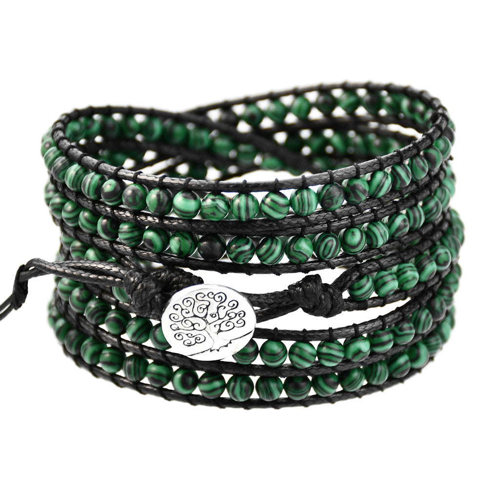 Wholesale Green Malachite Hand Woven 5 Turns Wrapped Bracelet
