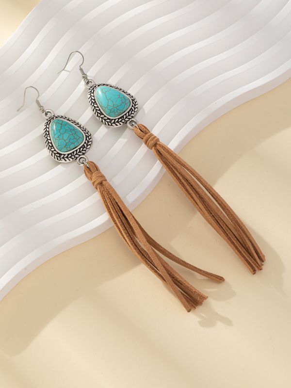 Wholesale Retro T-shaped turquoise tassel coffee-colored earrings