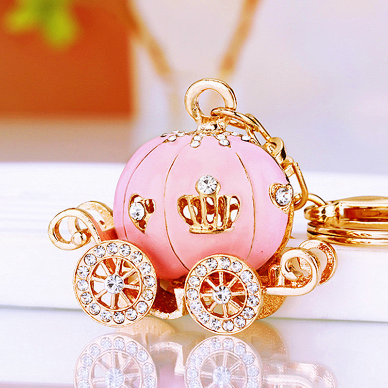 Wholesale Metal Rhinestone Pumpkin Carriage Keychain Bag Charm Pink Car Key Accessory Decorative Gift
