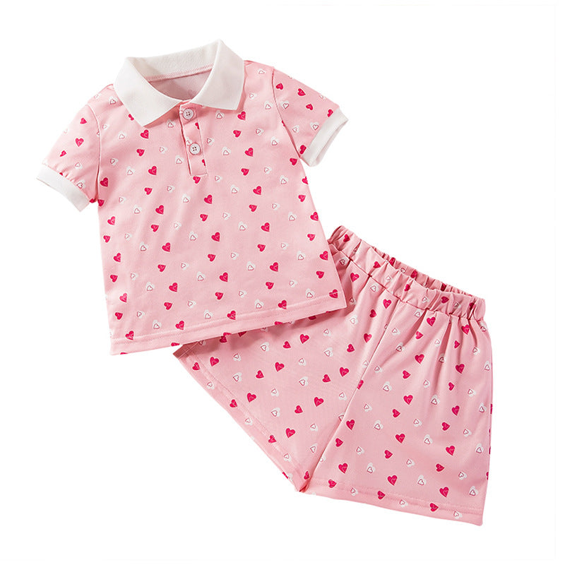 Wholesale Toddler Girl Summer Two Piece Set Pink Heart Print Polo T Shirt With Shorts Korean Style Party Outfit