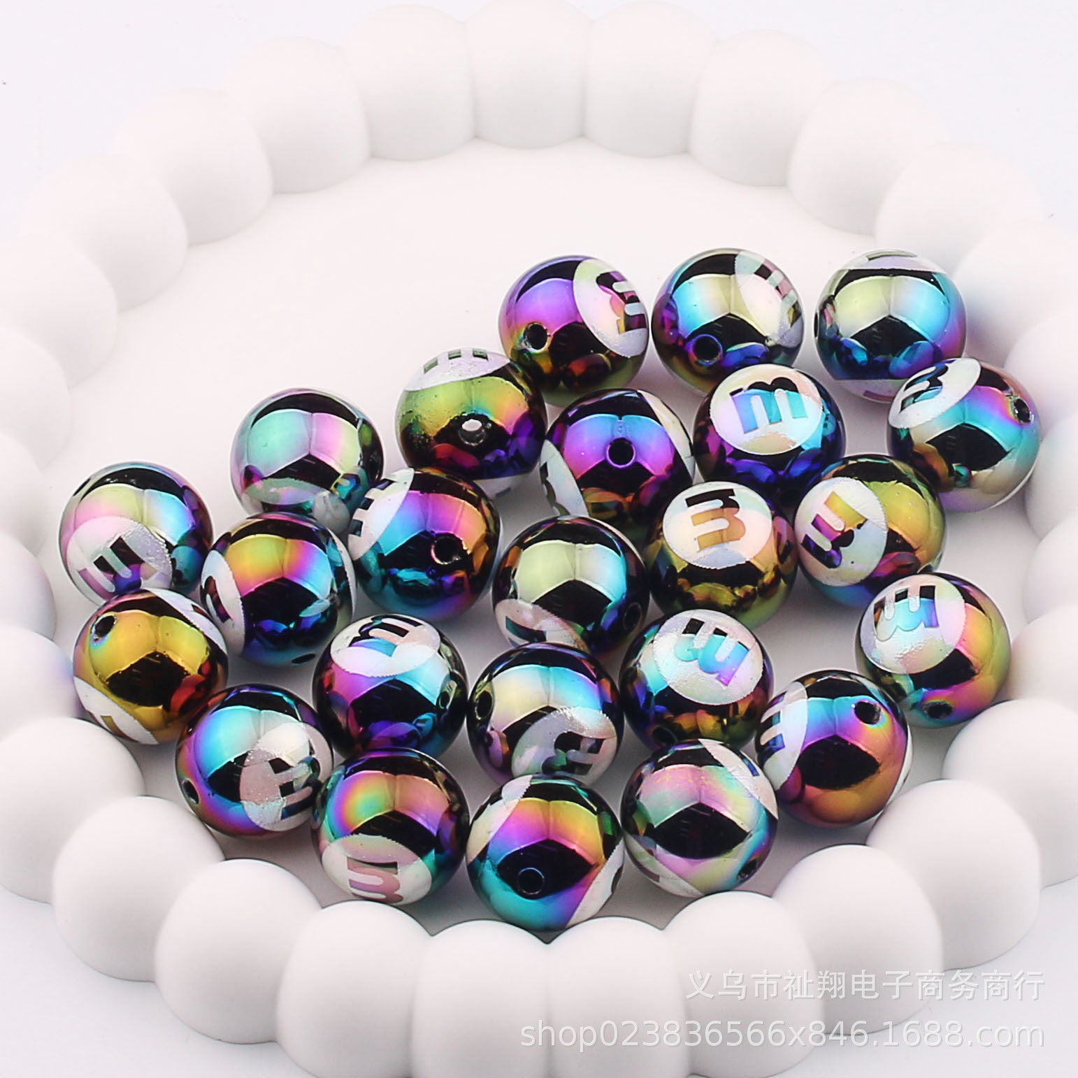 Wholesale 20pcs Acrylic UV Plating Engraving M Bean Straight Hole Two-color DIY Beads