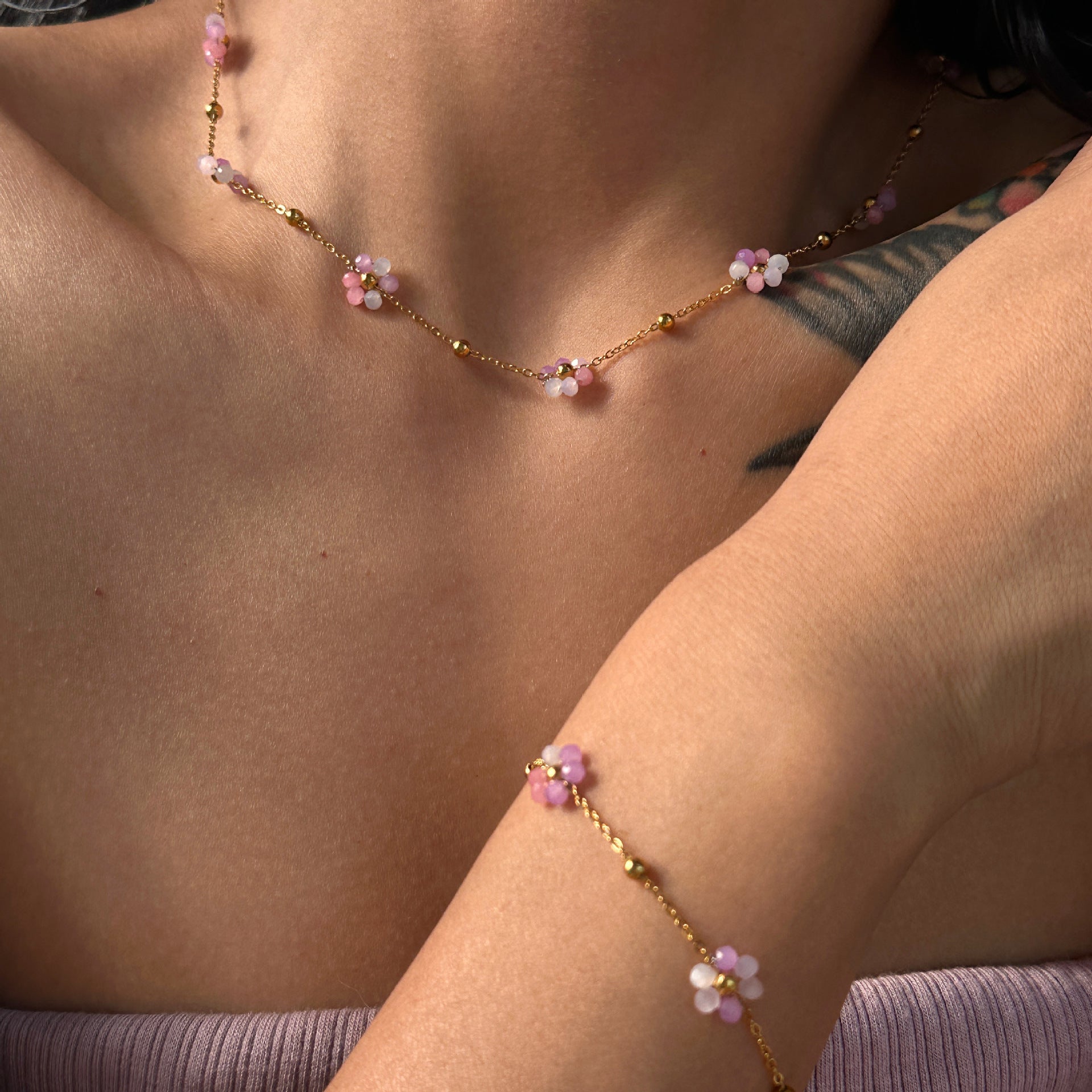 Wholesale Titanium Steel Colorful Pink Flower Necklace Waist Chain Anklet Set