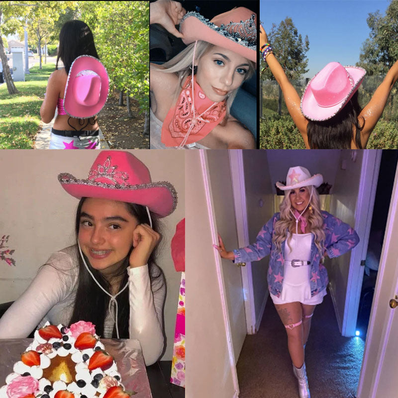 Wholesale Feather-trimmed lettering sequined pink crown cowboy hat