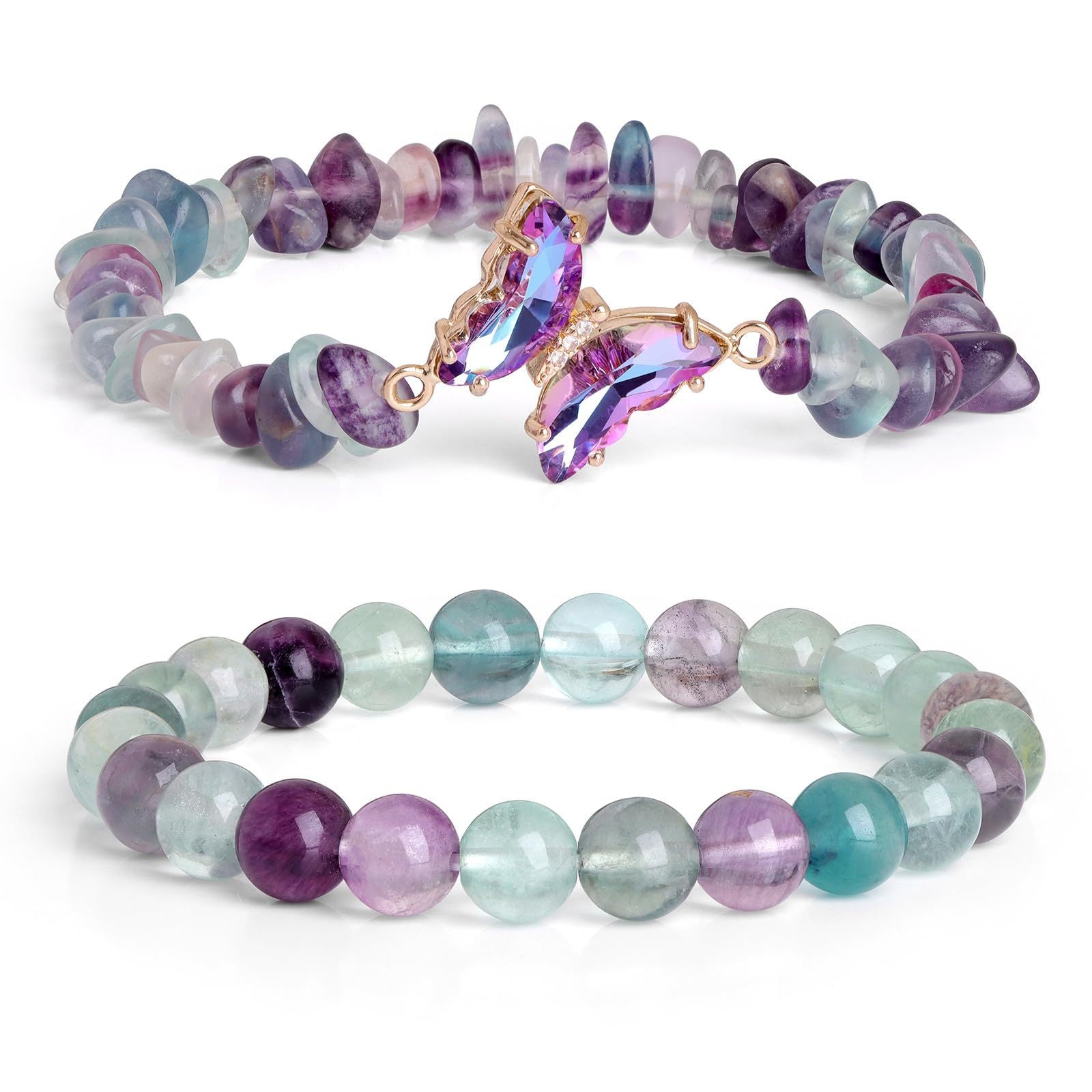Wholesale Butterfly Double Layer Amethyst Chip Beaded Bracelet Women S Fashion Jewelry Accessory Boutique Resale Gift